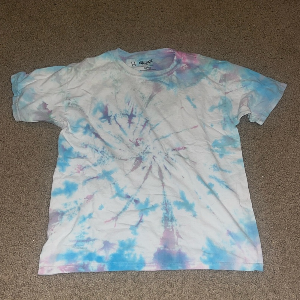 purple, white, and blue tye-dyed shirt from gildan. worn a couple times